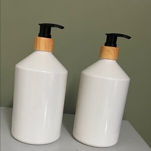 #84.Modern White Soap Dispenser Set with Wood Accent